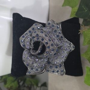 Vintage Oxidized Silver Rose Flower Brooch Pin Purple Blue Rhinestone